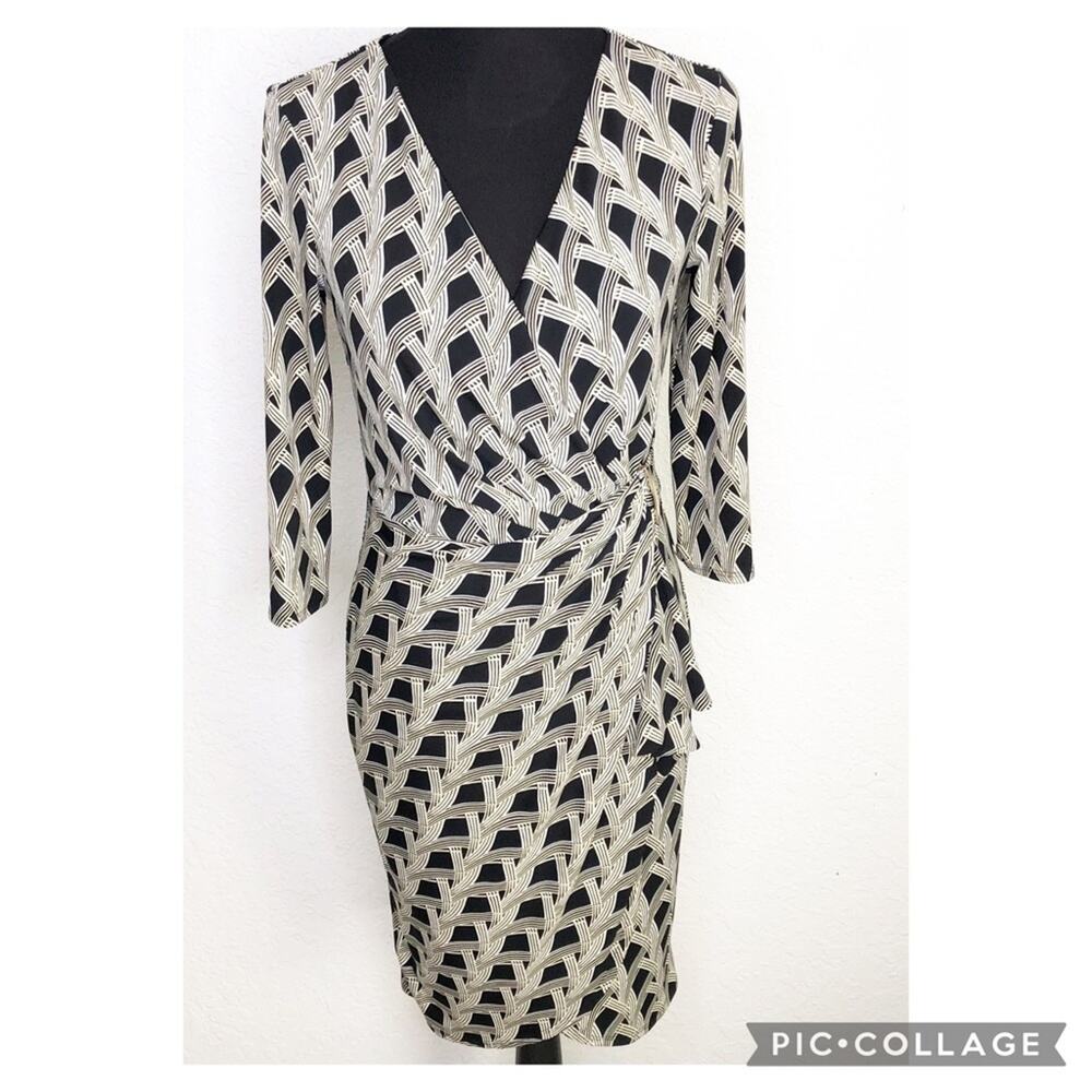 WHBM cream black art deco geometric faux wrap midi dress size 6